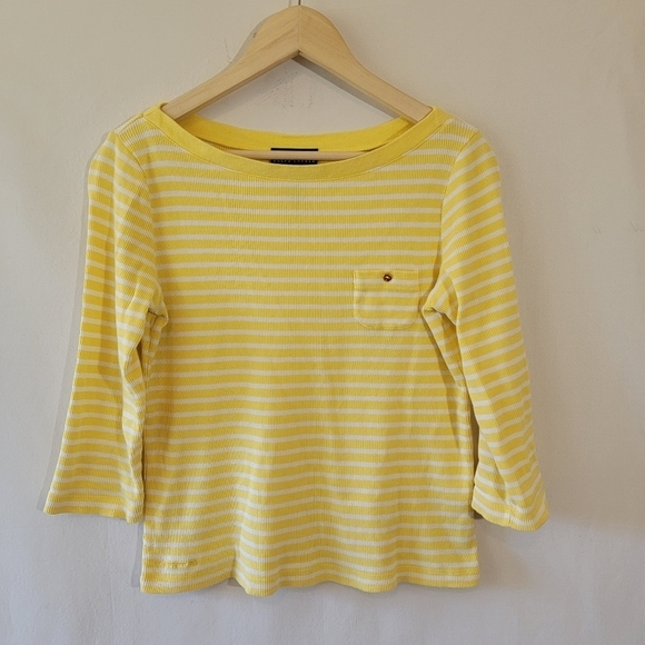 Lauren Ralph Lauren Tops - Lauren Ralph Lauren Yellow/White Striped Knit Top Sz M Boatneck 3/4 Sleeve
